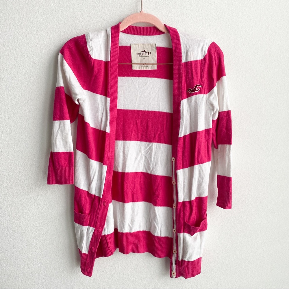 HOLLISTER CO. Striped Hot Pink Cardigan Button Up 3/4 Sleeve XS y2k vintage
